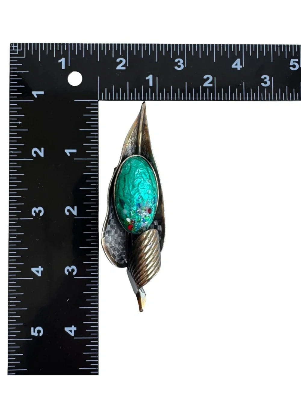 Vintage Japanese Cloisonne Brooch Green Enamel Leaf Silver Tone Statement Pin
